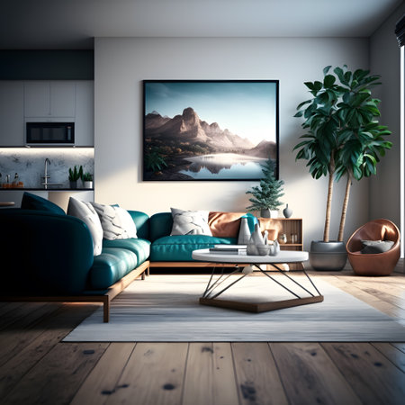 Interior of modern living room with sofa, coffee table, plant and picture on wall. 3d renderの素材