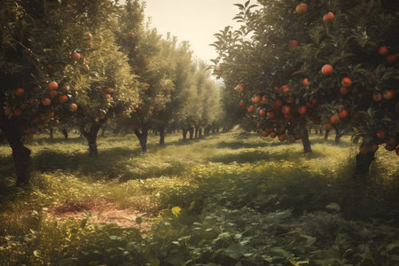 Apple orchard in the morning mist. vintage styles. Toned.の素材