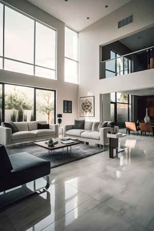 Luxury living room interior with white sofa and black armchairs. Nobody insideの素材