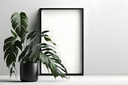 Black frame mockup in modern interior with monstera plant. 3d renderの素材