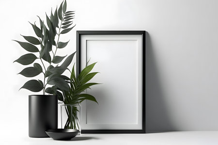 Black frame mockup with tropical plant in pot on white background. 3d renderの素材