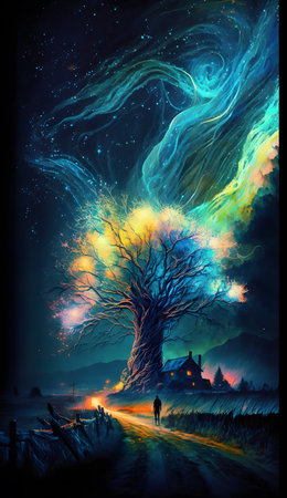 Fantasy night landscape with tree, road and church. digital paintingの素材