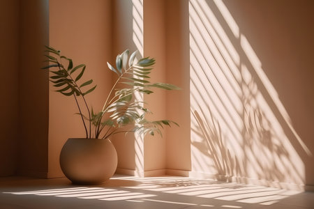 Plant in vase on floor in room with sunlight and shadowsの素材