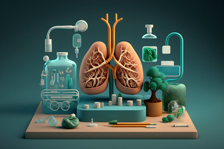 lungs anatomy 3d illustration in blue background with medical objectsの素材