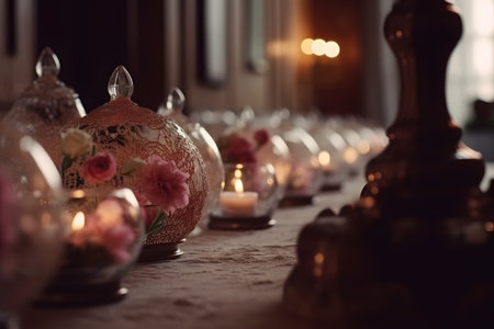 Candles and flowers on the table in the church. selective focus.の素材