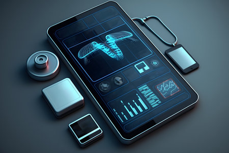 Highly rendering of tablet and smart phone with medical app on screenの素材