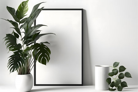 3d render, poster mockup, square frame on white wall, monstera plant in potの素材