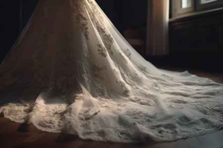 Beautiful white wedding dress with lace details, close-up.の素材