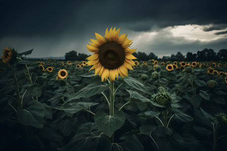 Sunflower field with cloudy sky background, vintage toned image.の素材