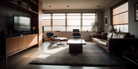 Interior of modern living room with leather sofa, coffee table and tvの素材