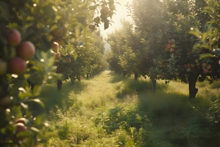 Apple orchard in the morning light. Ripe apples in the orchard.の素材
