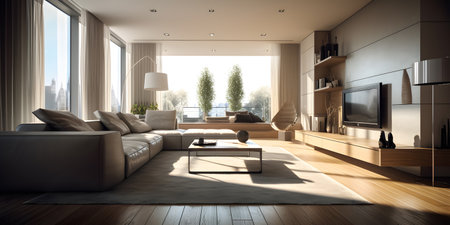 Modern living room interior design. 3d render illustration mockup.の素材