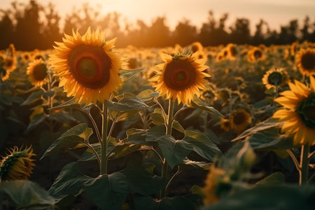 Sunflowers in the field at sunset. Sunflower natural background.の素材