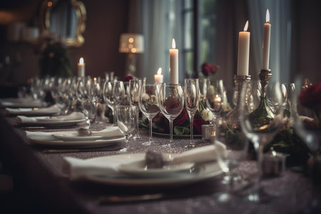 Wedding table setting with candles and glasses. selective focus.の素材