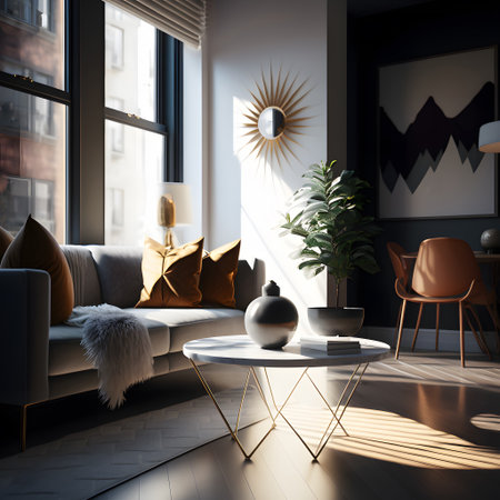 Modern living room interior with sofa, coffee table, armchair and plant. 3d renderの素材