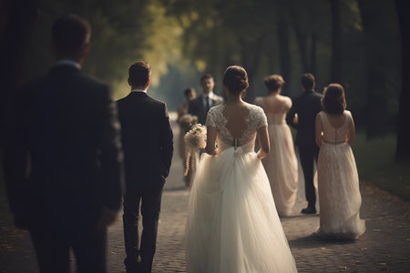 Wedding couple with bridesmaids walking in the parkの素材