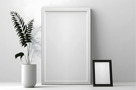 White frame mockup with a plant in a vase. 3D renderingの素材