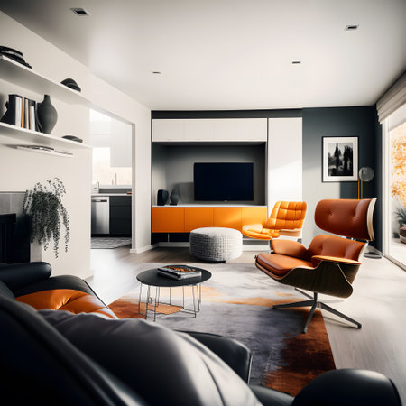 Interior of modern living room with orange armchairs and black sofaの素材