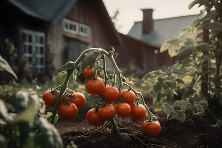 Cherry tomatoes growing on a vine in the garden. Toned.の素材