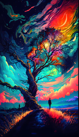 Halloween night background with creepy tree and man. Vector illustration.の素材