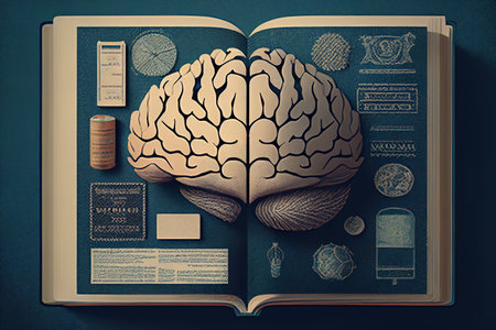 Brain in book on blue background. education concept. 3D Renderingの素材