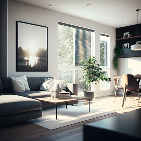 Interior of modern living room with white walls, wooden floor, gray sofa and black coffee table with chairs. 3d renderingの素材
