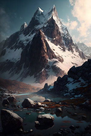 Beautiful mountain landscape with lake and snow-capped peaks in the cloudsの素材