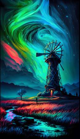 Fantasy landscape with windmill and aurora borealis. Vector illustration.の素材