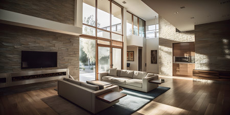 Interior of a modern living room with a large window overlooking the cityの素材
