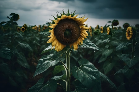 Beautiful sunflowers in the field on a cloudy day.の素材