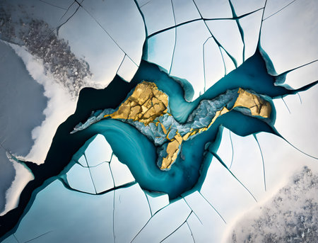 Map of Iceland on cracked ice with golden continents. 3D illustration.の素材