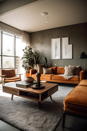 Modern living room interior design with brown sofa, coffee table and plant.の素材