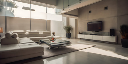 Luxury living room with white walls, concrete floor, comfortable sofa and tv set.の素材