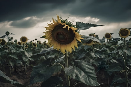 Sunflower in the field with stormy sky - vintage filter effectの素材