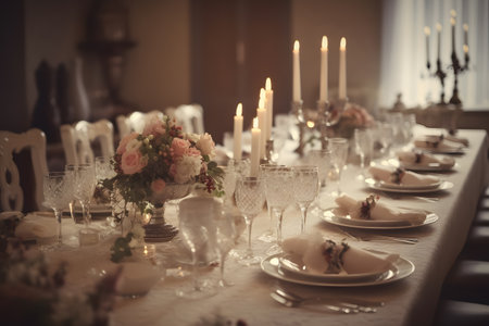 Wedding table decoration with candles and flowers. Close-up.の素材