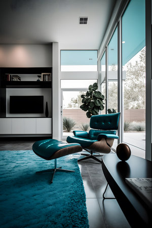 Modern living room with blue armchairs and tv on the wall. 3d renderingの素材