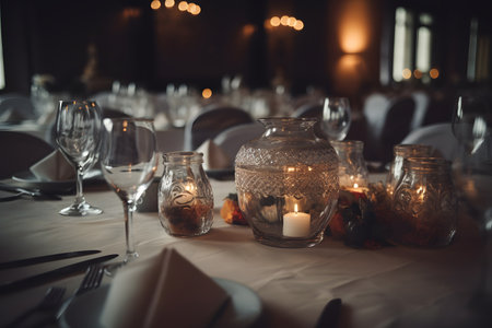 Wedding table setting with candles and cutlery in restaurantの素材
