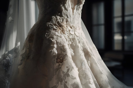 Wedding dress with lace details in the interior of the roomの素材