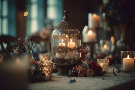 Candles and flowers in a candlestick on the table.の素材