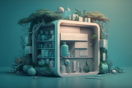 3d rendering of a medical cabinet in a green room with plantsの素材