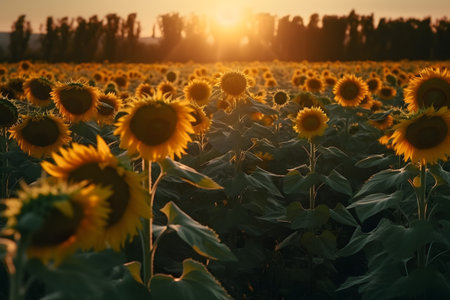 Sunflower field at sunset. Sunflower blooming in summer.の素材