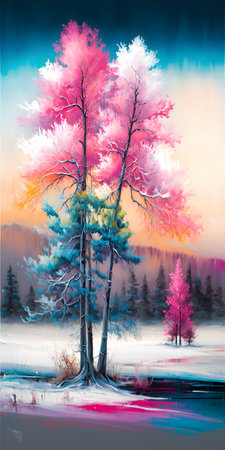 Winter landscape with a frozen lake and trees. digital art painting.の素材