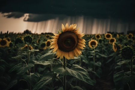 Beautiful sunflower field at sunset with a dramatic sky. Toned.の素材