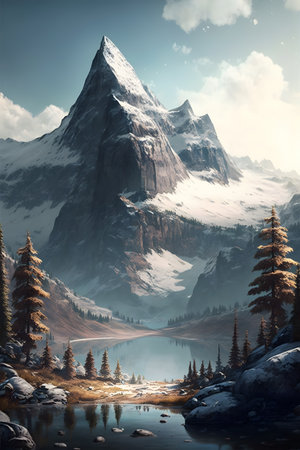 Fantastic mountain landscape with lake and snow-capped peaksの素材
