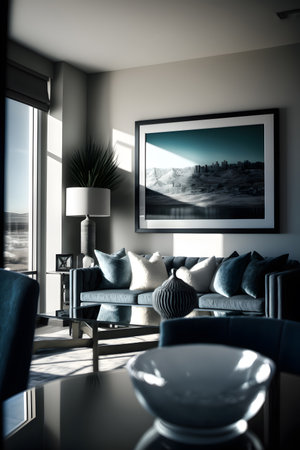 Luxury living room interior design with blue sofa, coffee table, armchair and window with city viewの素材