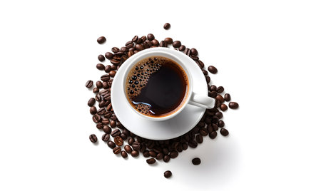 Cup of coffee with coffee beans on white background, top viewの素材