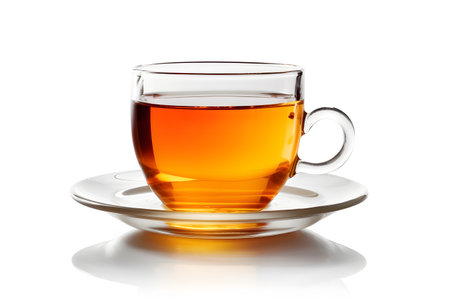 Transparent cup of tea isolated on a white background with reflection.の素材
