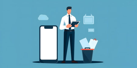 Businessman with documents and smartphone. Vector illustration in a flat styleの素材