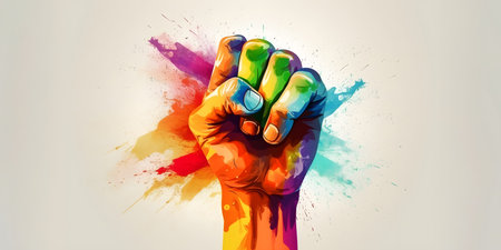 Close up of human hand gesturing with colorful paint splashes on white backgroundの素材
