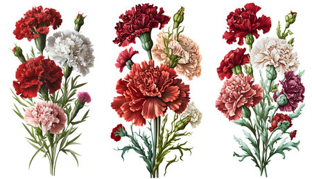 Set of red carnation flowers isolated on white background. watercolor illustrationの素材